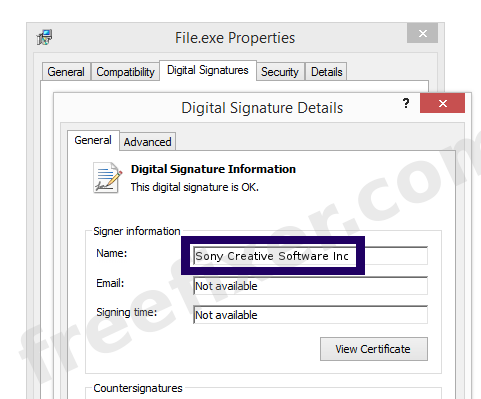 Screenshot of the Sony Creative Software Inc certificate